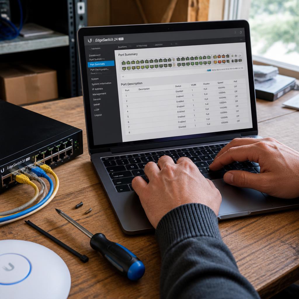 Hands configuring a network switch on a laptop with cables and tools